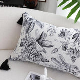 SOGA 35cm Throw Pillow Black and White Floral Print Elegant with Tassel Accents Home Decor FRENCHCUSHION342