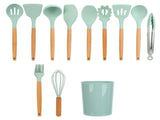 12Pcs/Set Cooking Utensil with Wooden Handle Silicone Cooking Tool for Home KitchenLight Green V1294-YM0710-3118210234512