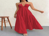 Redt XL Size Women's Elegant Halter Maxi Dress Summer Backless V-Neck Sleeveless Long Beach Resort V888-ELOSUNG41129