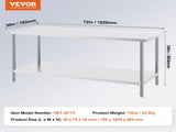 Stainless Steel Prep Table, 30 x 72 x 34 Inch, Heavy Duty Metal Worktable with 3 Adjustable Height V952-CFBXGGZTLCWJS66RVV0