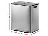 Cefito Pedal Bins Rubbish Bin Dual Compartment Waste Recycle Dustbins 60L Silver RB-60L-2C-SI