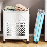 A wheeled foldable plastic laundry basket, suitable for dirty clothesnd easy to move. It features V1106-XYL001