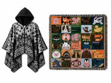 Black Warm Hooded Poncho Shawl and Animal Pattern Throw Blanket Set for Sofa, Bed and Winter V888-ELOSUNG54135