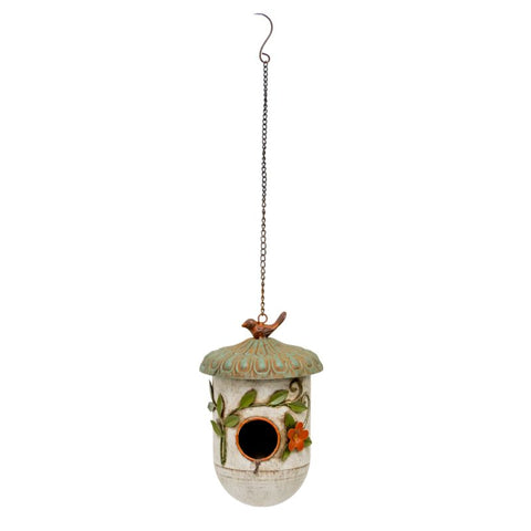 Hanging Birdhouse w Blue Roof Perched Bird 59cm V637-24851BRD