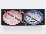 Bowl Set 2pcs with Chopsticks Red & Blue Cat Maneki Wave Design V637-RW0024