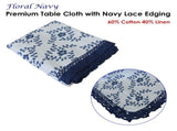 Floral Printed Premium 60% Cotton 40% Linen Table Cloth with Navy Lace Edging 140 x 220 cm / 6 V442-LYL-TABLEC-FLORALNAVYLACE220-NAVY-RE