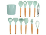 12Pcs/Set Cooking Utensil with Wooden Handle Silicone Cooking Tool for Home KitchenLight Green V1294-YM0710-3118210234512