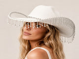 Western Cowboy Hat with Rhinestone Tassel Fringe - White Felt-Style Party Hat with Decorative Chain V888-ELOSUNG57118-1