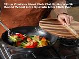 Kitchee 32cm Carbon Steel Wok Set Flat Bottom with Wood Lid Spatula - Induction Ready V238-SUPDZ-41318283444304
