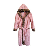 Women's Pink Coral Fleece Hooded Bathrobe with Leopard Print Trim - Soft Plush Wrap Robe with V888-ELOSUNG54472