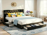 Artiss Queen Bed Frame Storage Charging Station Upholstered 3 Drawers USB Type-C BFRAME-G-LUNA-Q-BK-ABC