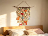 Boho Crochet Flower Wall Hanging, 29.92 Inch Floral Macrame Style Tapestry With Long Tassel Fringe, V1366-AZ2-W-18323