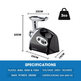 EUROCHEF Electric Meat Grinder, Stainless Steel Mincer Sausage Filler Kibbe Maker, Black V219-COKGRNEUCA5BK