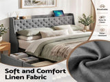Artiss King Bed Frame with 4 Storage Drawers and Charging Station Tufted Wingback Headboard 300kg BFRAME-J-CORTIS-K-CA-AB