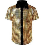 S size Men's 70s Disco Costume Set - Gold Plaid shirt with Black Bell Bottom Pants & Accessories, V888-ELOSUNG56246-1