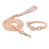 Light pink Hand-Woven Rainbow Cotton Rope Dog Leash and Collar Set - Adjustable Veg-Tanned Leather V888-ELOSUNG18437