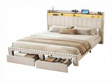 Artiss King Upholstered Bed Frame with Shelf Storage Drawers Charging Station Mood Lighting Linen BFRAME-G-NOUVEA-K-BG-ABC