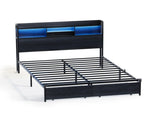 Double Black LED Bed Frame with 2 Storage Drawers and Charging Station V178-59297
