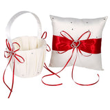 Flower Girls Basket and Ring Pillow Set Satin Bowknot for Wedding Party Decoration Red & Ivory V1294-YM0721-JYB00179-01