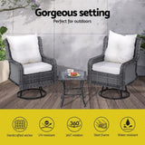 Gardeon 3PC Outdoor Furniture Bistro Set Lounge Wicker Swivel Chairs Table Cushion Grey ODF-B-RAN-ROAT-3PCS-GE-AB