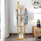 Wooden Coat and Hat Stand with 10 Hooks Floor Standing Clothes and Umbrella Rack V767-XJJ43-G2