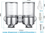 Wall-Mounted Soap Dispenser - 2 Reservoirs - 2x500ml - Stainless Steel - Shampoo Dispenser - Large V1188-MS101-01506-1