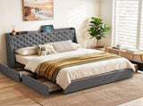 Artiss King Bed Frame with 4 Storage Drawers and Charging Station Tufted Wingback Headboard 300kg BFRAME-J-CORTIS-K-CA-AB
