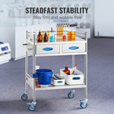 Lab Serving Cart, 2 Layers Stainless Steel Utility Rolling Cart, Medical Cart with Two Drawers, V952-SYSST42014302PL3ZV0