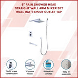 8" Rain Shower Head Straight Wall Arm Mixer Set Wall Bath Spout Outlet Tap V63-826331