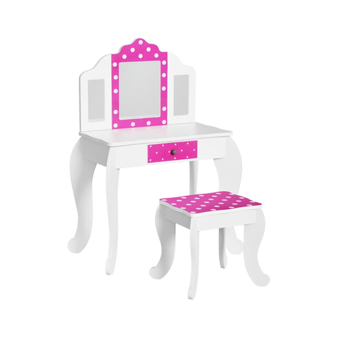 Keezi Kids Dressing Table Vanity Makeup Chair Set Wooden 3 Mirror Drawer Pink FURNI-C-3MIRROR-DOT-PK