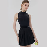 Black Size M Women's Tennis Dress - Pleated Skirt One Piece Sports Dress with Built In Shorts, Open V888-ELOSUNG57302-2
