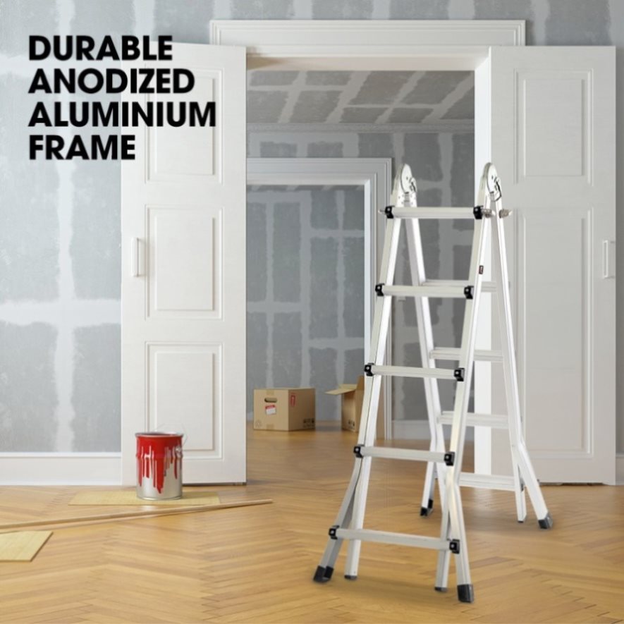 Bullet 5.1m Folding Aluminium Multipurpose Ladder, w/ Workshelf ...