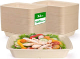 100 Pack 32 oz Rectangle Paper Bowls, 9" Disposable Large Salad Bowl, Microwavable Bagasse Lunch V1259-DP01-A-904