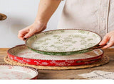 ceramic serving plate, double handled baking dish, pizza pan, cherry blossom pattern, underglaze V1106-122-66396-RED-SET