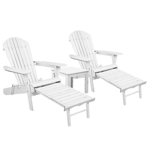 Gardeon 3PC Adirondack Outdoor Table and Chairs Wooden Sun Lounge Beach Patio White FF-BEACH-CHOT-3WH