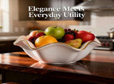 8" White Ceramic Decorative Bowl, Ruffle Edge Serving Bowl with Golden Rim, 320oz Shallow Fruit V1192-AZ-W-18519