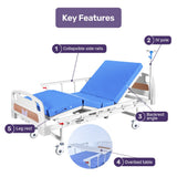 EQUIPMED 4 Function Medical Bed, w/ Mattress & Over Bed Table, Easy Manual Adjustable Back and Leg V219-BNSADBEQM03A