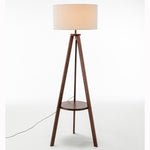 Natural Wooden Tripod Floor Lamp w/ Round Shelf + Off White Linen Shade - Cherry V563-75172