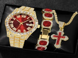 Men'S Watch Set Luxury Men'S Watch Artificial Gemstone Bracelet Cross Necklace - Red - Size 1 V1106-DSZ-XXX-NNN-RED-1