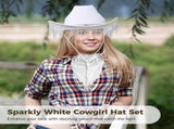 3PCS Sparkly Cowgirl Hat Set, Rhinestone Tassel White Cowgirl Hat with Heart-Shaped Glasses & Scarf, V1192-AZ-W-18332