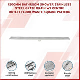 1200mm Bathroom Shower Stainless Steel Grate Drain w/Centre outlet Floor Waste Square Pattern V63-832831