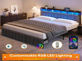 King Bed Frame with 2 Storage Drawers and LED Lights Headboard, Upholstered Bed Frame with Charging V1127-AU-2452KN-GRY
