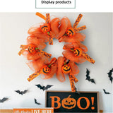 Halloween Pumpkin Wreath - 28cm Orange Mesh Door Decor with Mini Jack-o-Lanterns & Witch Print V888-ELOSUNG56816