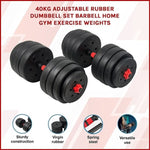 40kg Adjustable Rubber Dumbbell Set Barbell Home GYM Exercise Weights V63-834281