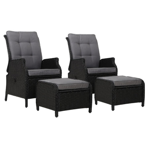 Gardeon 2PC Recliner Chair Sun lounge Wicker Lounger Outdoor Furniture Adjustable Black ODF-RCL-RW-CHOTM-BKX2