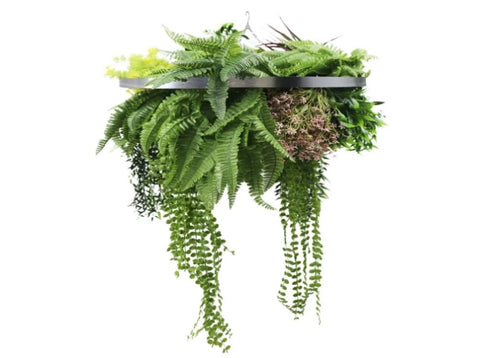 Silver Framed Roof Hanging Disc With Tropical Foliage Mix and Draping Stems 60cm UV Resistant V637-DP80105