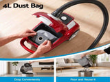 DEVANTI Bagged Vacuum Cleaner Powerful Suction for Carpet Wood Tile Floor VAC-KB-2108-RD