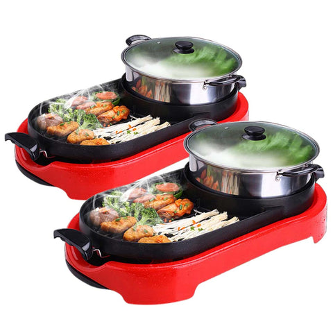 SOGA 2X 2 in 1 BBQ Electric Pan Grill Teppanyaki Stainless Steel Hot Pot Steamboat Red STEAMBOATHOTPOTANDGRILLREDX2