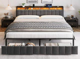 King Bed Frame with 2 Storage Drawers and LED Lights Headboard, Upholstered Bed Frame with Charging V1127-AU-2452KN-GRY