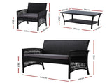 Gardeon 4PCS Outdoor Sofa Set Wicker Harp Chair Table Garden Furniture Black ODF-RATTAN-HARP-BK-AB